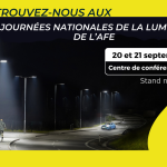 Encadré jaune avec pavé sombre au centre précisant les rendez-vous donné aux Journées Nationales de la Lumière, la date du 20 au 21 septembre et le lieu : Orléans. Le numéro du stand est le 10.