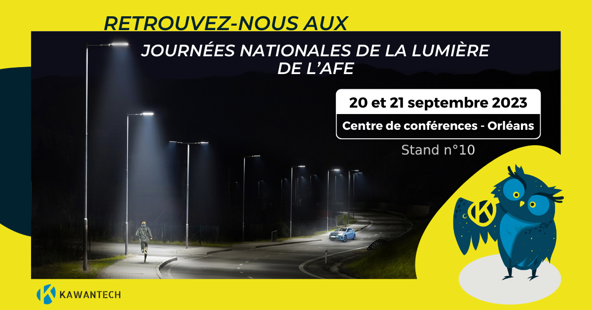 Encadré jaune avec pavé sombre au centre précisant les rendez-vous donné aux Journées Nationales de la Lumière, la date du 20 au 21 septembre et le lieu : Orléans. Le numéro du stand est le 10.